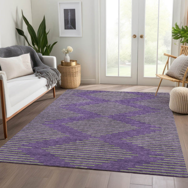 HomeRoots 5' X 8' Vibrant Purple and Lime Green Geometric Area Rug – Washable, UV-Protected, Kid-Friendly Design 679848