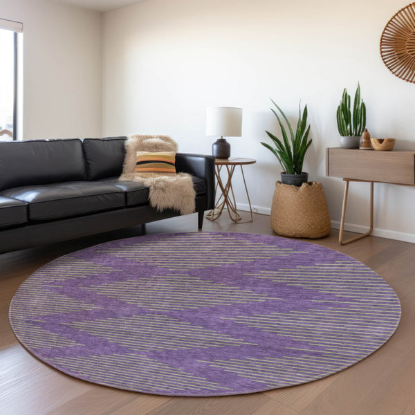 HomeRoots 8' Vibrant Purple and Lime Green Geometric Washable Round Rug with UV Protection for Durability 679849