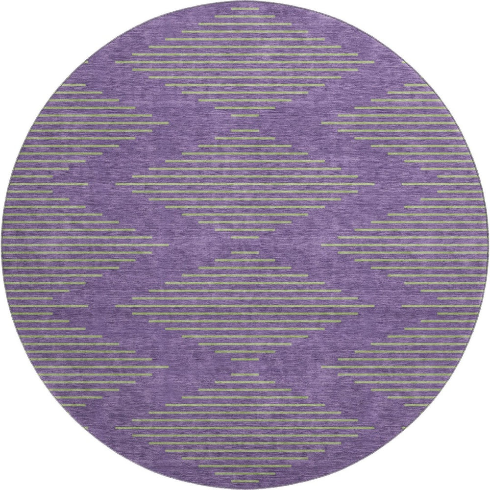 HomeRoots 8' Vibrant Purple and Lime Green Geometric Washable Round Rug with UV Protection for Durability 679849