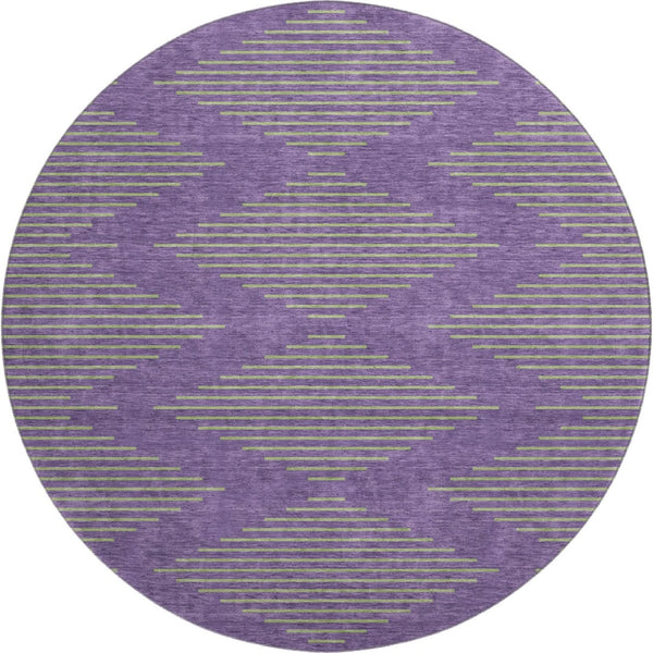 HomeRoots 8' Vibrant Purple and Lime Green Geometric Washable Round Rug with UV Protection for Durability 679849