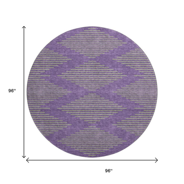 HomeRoots 8' Vibrant Purple and Lime Green Geometric Washable Round Rug with UV Protection for Durability 679849