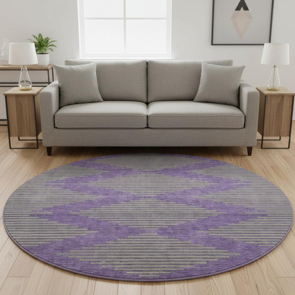 HomeRoots 8' Vibrant Purple and Lime Green Geometric Washable Round Rug with UV Protection for Durability 679849