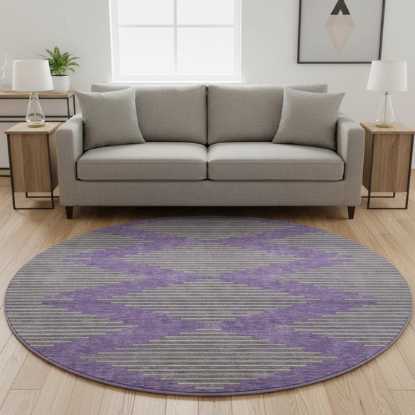 HomeRoots 8' Vibrant Purple and Lime Green Geometric Washable Round Rug with UV Protection for Durability 679849