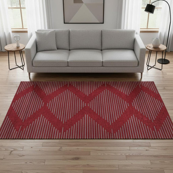 HomeRoots 5' X 8' Red and Gray Geometric Area Rug - Durable, Washable, UV-Protected for Modern Homes 679854