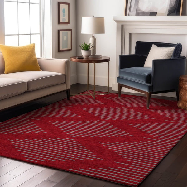 HomeRoots 5' X 8' Red and Gray Geometric Area Rug - Durable, Washable, UV-Protected for Modern Homes 679854