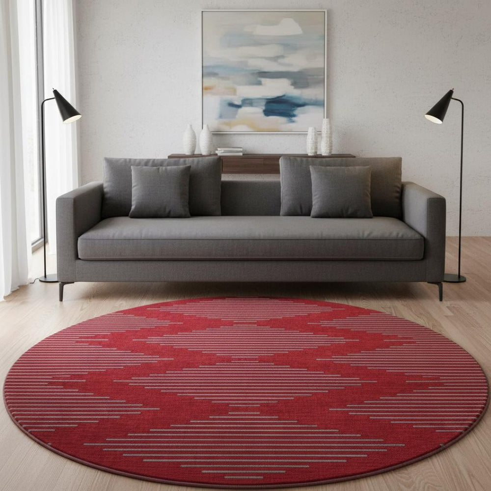 HomeRoots 8' Red and Gray Geometric Round Rug - Washable, UV Protected, Stain Resistant for Busy Homes 679855