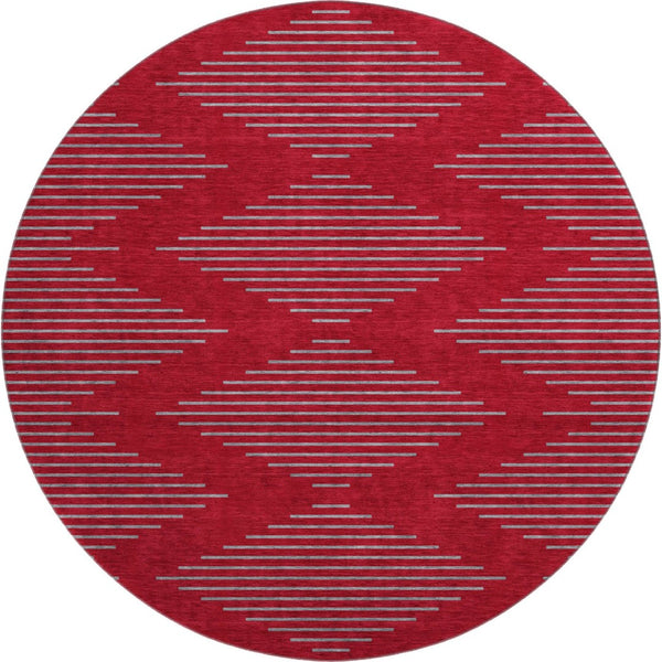 HomeRoots 8' Red and Gray Geometric Round Rug - Washable, UV Protected, Stain Resistant for Busy Homes 679855