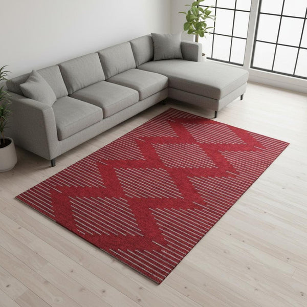 HomeRoots 9' X 12' Red and Gray Geometric Area Rug – Washable, UV-Protected, Non-Slip for High-Traffic Spaces 679857