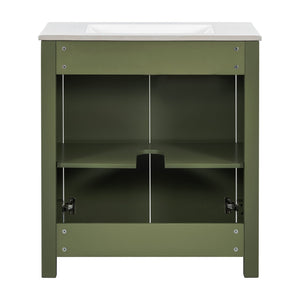 English Elm 30'' 30'' Farmhouse Bathroom Vanity Olive Green with Ceramic Sink, Adjustable Shelves, Soft-Close Doors, Rustic Wood Frame N729P290712F