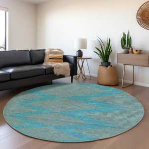 HomeRoots 8' Teal and Peach Geometric Round Rug - Washable, UV Protected, Soft & Durable for High-Traffic Areas 679861