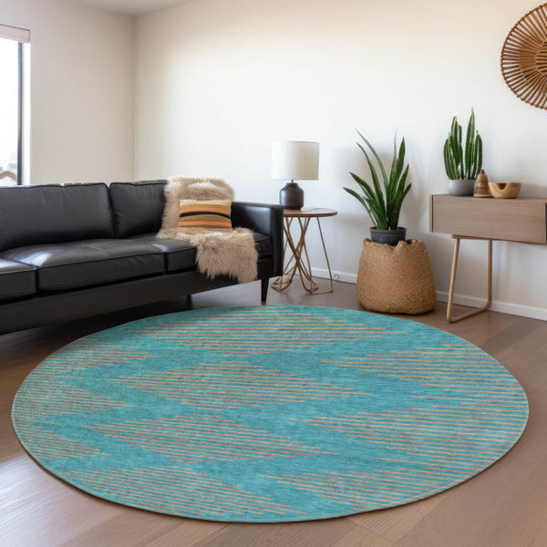 HomeRoots 8' Teal and Peach Geometric Round Rug - Washable, UV Protected, Soft & Durable for High-Traffic Areas 679861