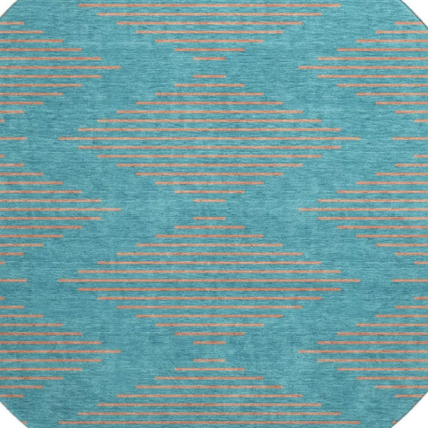 HomeRoots 8' Teal and Peach Geometric Round Rug - Washable, UV Protected, Soft & Durable for High-Traffic Areas 679861