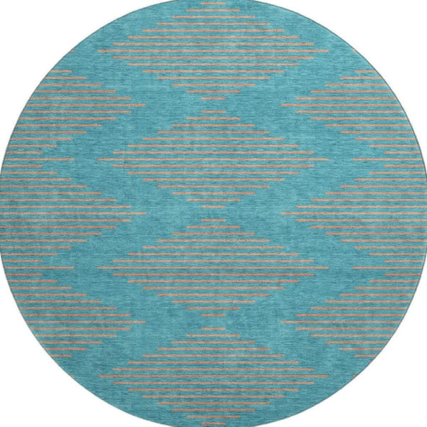 HomeRoots 8' Teal and Peach Geometric Round Rug - Washable, UV Protected, Soft & Durable for High-Traffic Areas 679861