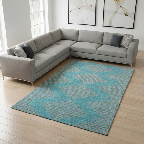 HomeRoots 9' X 12' Teal & Peach Geometric Area Rug - Washable, UV-Protected, Soft, Durable & Stain Resistant 679863