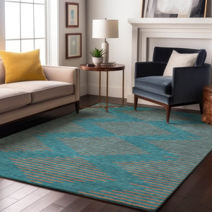 HomeRoots 9' X 12' Teal & Peach Geometric Area Rug - Washable, UV-Protected, Soft, Durable & Stain Resistant 679863