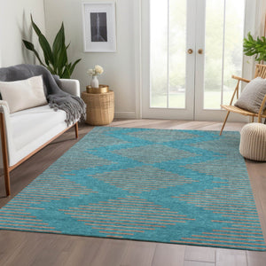 HomeRoots 9' X 12' Teal & Peach Geometric Area Rug - Washable, UV-Protected, Soft, Durable & Stain Resistant 679863