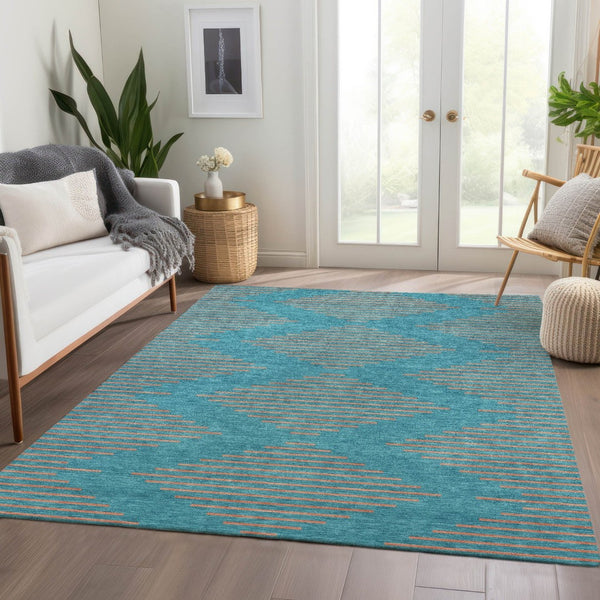 HomeRoots 9' X 12' Teal & Peach Geometric Area Rug - Washable, UV-Protected, Soft, Durable & Stain Resistant 679863