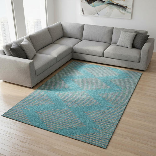 HomeRoots 10' X 14' Teal & Peach Geometric Area Rug - Durable, Washable, UV Protected for Busy Homes! 679864