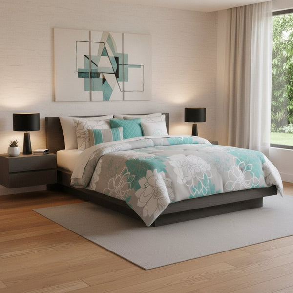 HomeRoots Set of Seven Aqua and White Floral King Bedding Ensemble with Ring-Stitch Design for Elegance 679865