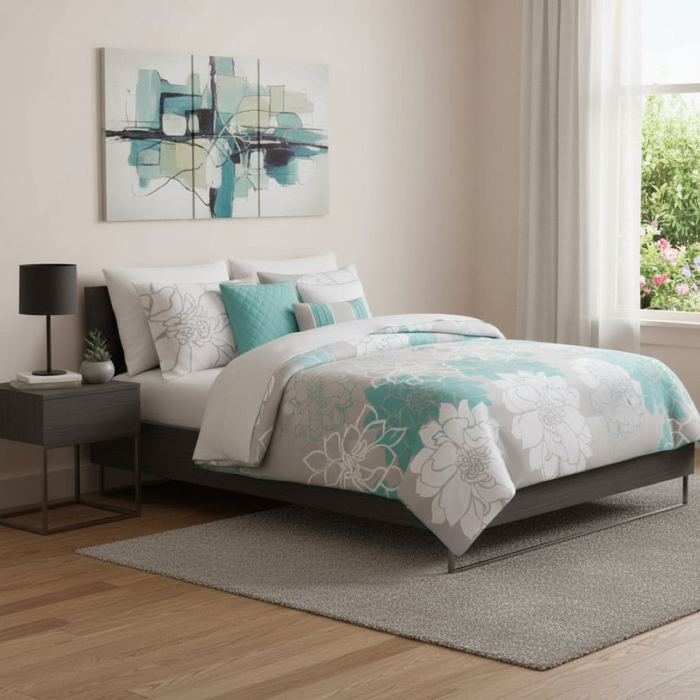 HomeRoots Set of Seven Aqua and White Floral King Comforter & Sham Ensemble for Stylish Bedroom Makeover 679866