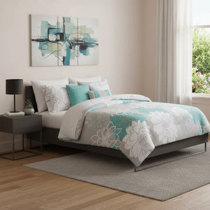 HomeRoots Set of Seven Aqua and White Floral King Comforter & Sham Ensemble for Stylish Bedroom Makeover 679866