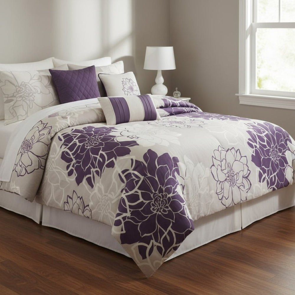 HomeRoots Set of Seven Elegant Purple & White Floral King Bedding Ensemble with Luxurious 400-Thread Count 679867