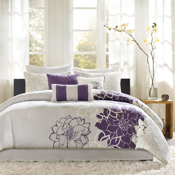 HomeRoots Set of Seven Elegant Purple and White Floral King Bedding Set with Ring Stitch Comforter & Shams 679868