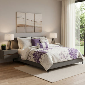 HomeRoots Set of Seven Elegant Purple and White Floral King Bedding Set with Ring Stitch Comforter & Shams 679868