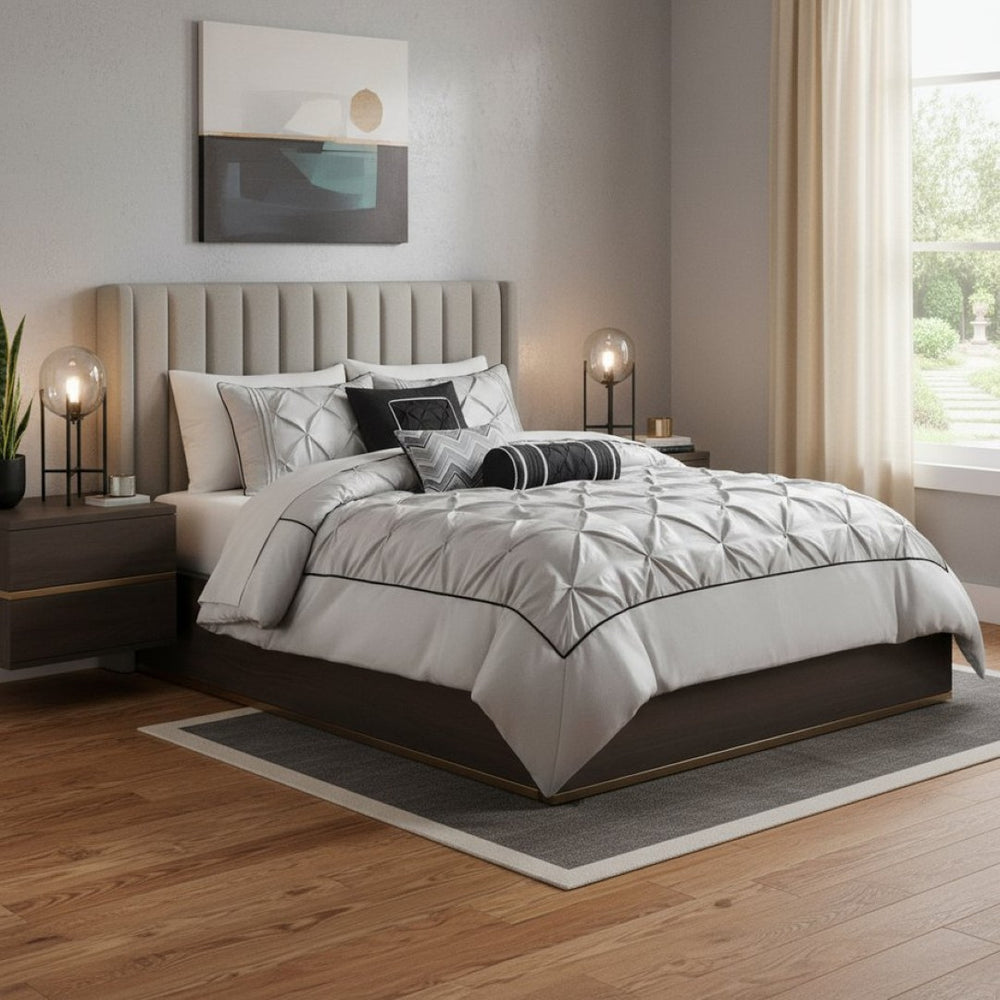 HomeRoots Set of Seven Gray Comforter and Sham Collection - Mid-Century Modern, Soft Polyester Bedding Set 679869