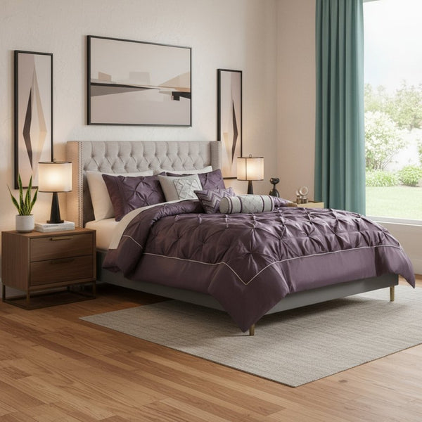 HomeRoots Set of Seven Plum King Comforter & Sham Ensemble - Luxurious Polyester Bedding for Summer Comfort 679871