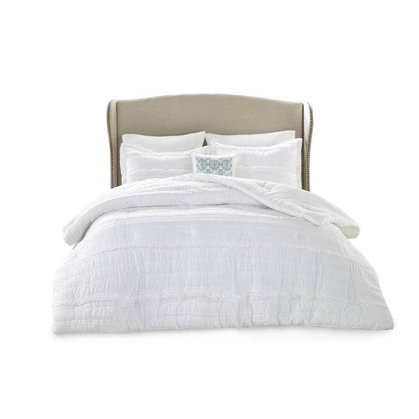 HomeRoots Set of Five White King Ring Stitch Bedding Set – Luxurious Comforter & Shams for Stylish Bedrooms 679875