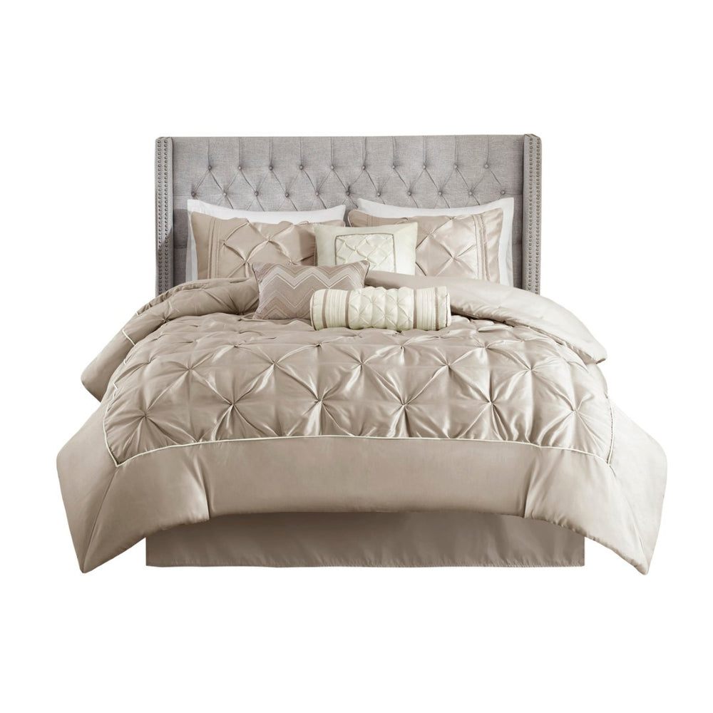 HomeRoots Set of Seven Taupe Queen Bedding Ensemble - Luxurious Comforter & Shams with Ring Stitch Design 679876