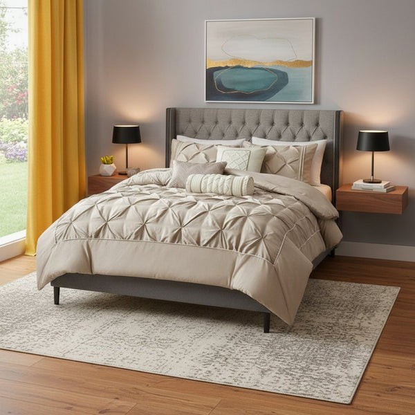 HomeRoots Set of Seven Taupe Queen Bedding Ensemble - Luxurious Comforter & Shams with Ring Stitch Design 679876