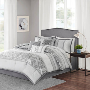 HomeRoots Set of Seven Elegant Gray and Ivory Striped King Bedding Set for Ultimate Summer Comfort and Style 679877