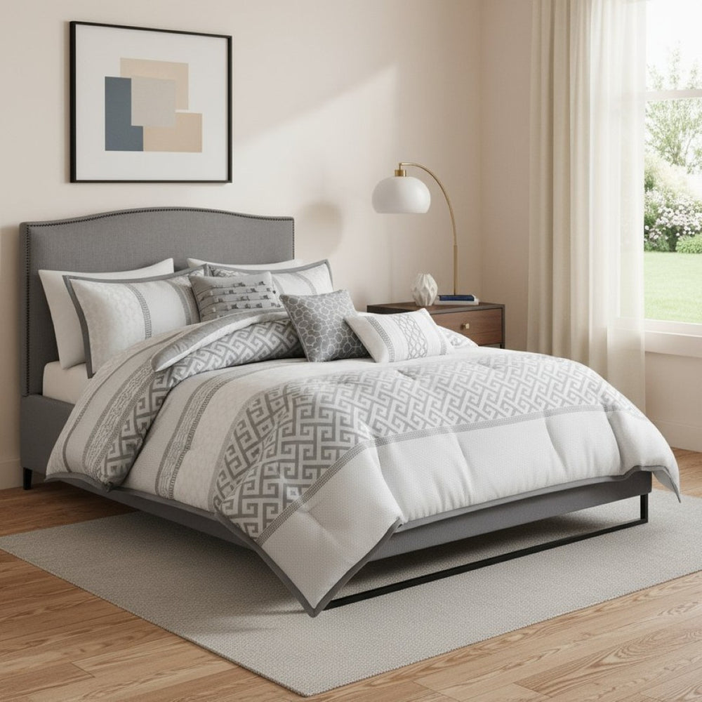 HomeRoots Set of Seven Elegant Gray and Ivory Striped King Bedding Set for Ultimate Summer Comfort and Style 679877