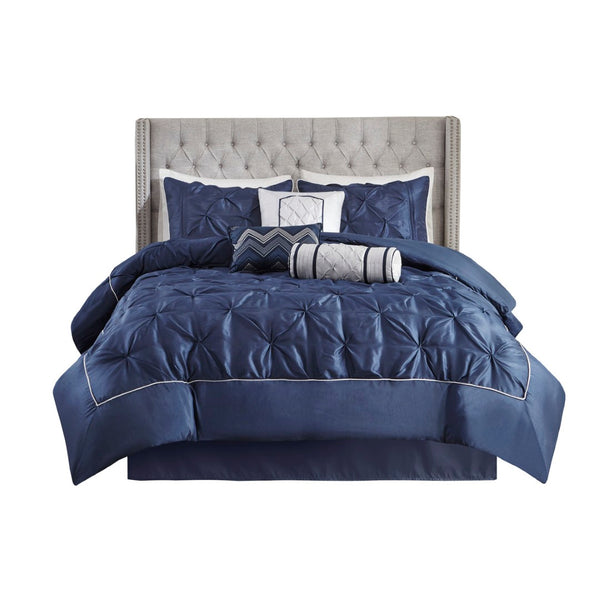 HomeRoots Set of Seven Navy Blue Luxurious Ring Stitch Polyester Bedding Ensemble for Cozy Bedroom Style 679878