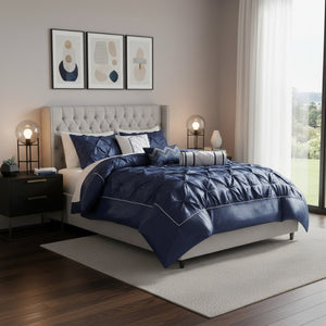 HomeRoots Set of Seven Navy Blue Luxurious Ring Stitch Polyester Bedding Ensemble for Cozy Bedroom Style 679878