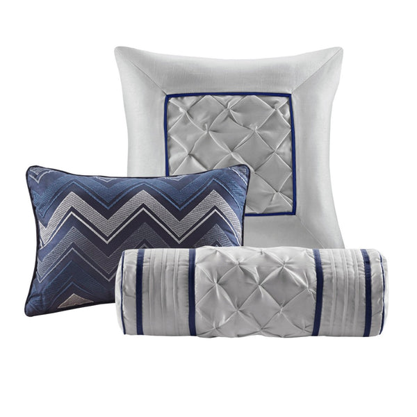 HomeRoots Set of Seven Navy Blue Luxurious Ring Stitch Polyester Bedding Ensemble for Cozy Bedroom Style 679878