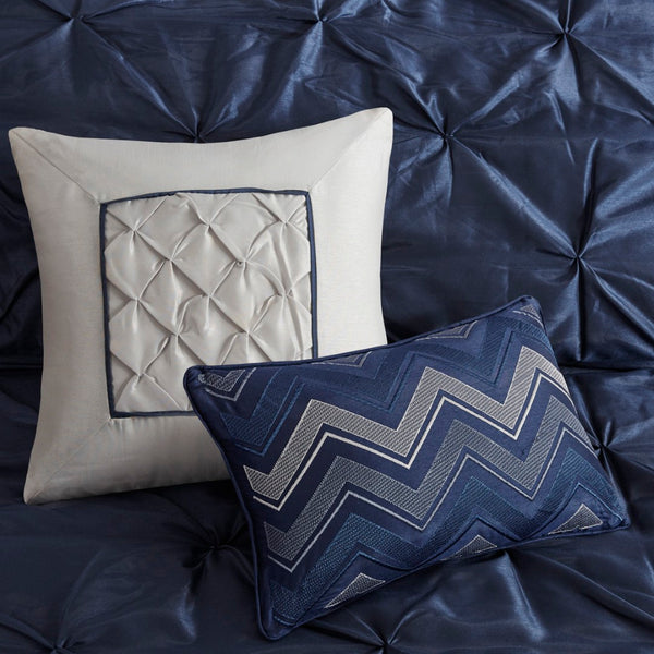 HomeRoots Set of Seven Navy Blue Luxurious Ring Stitch Polyester Bedding Ensemble for Cozy Bedroom Style 679878