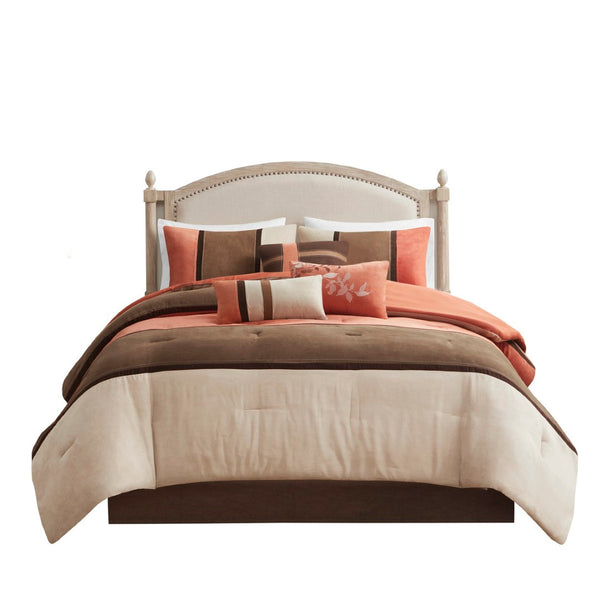HomeRoots Set of Seven Coral & Brown Striped King Comforter Set - Soft Polyester, Plush Fill, Mid-Century Style 679879
