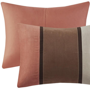 HomeRoots Set of Seven Coral & Brown Striped King Comforter Set - Soft Polyester, Plush Fill, Mid-Century Style 679879