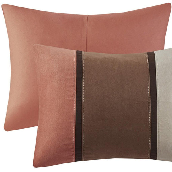 HomeRoots Set of Seven Coral & Brown Striped King Comforter Set - Soft Polyester, Plush Fill, Mid-Century Style 679879