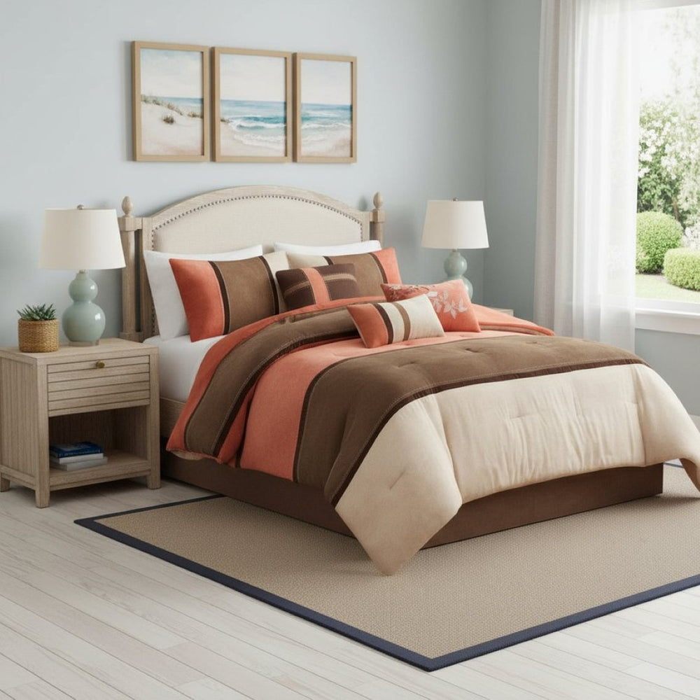 HomeRoots Set of Seven Coral & Brown Striped King Comforter Set - Soft Polyester, Plush Fill, Mid-Century Style 679879