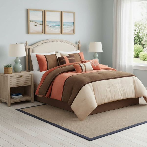 HomeRoots Set of Seven Coral & Brown Striped King Comforter Set - Soft Polyester, Plush Fill, Mid-Century Style 679879