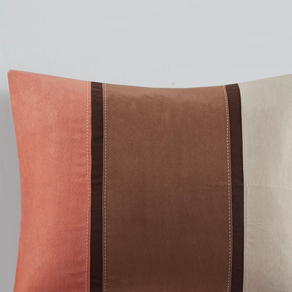 HomeRoots Set of Seven Coral & Brown Striped King Comforter Set - Soft Polyester, Plush Fill, Mid-Century Style 679879