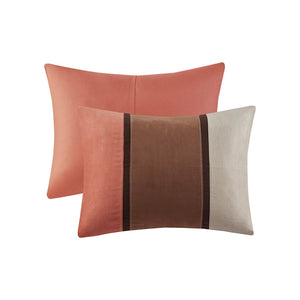 HomeRoots Set of Seven Coral & Brown Striped King Comforter Set - Soft Polyester, Plush Fill, Mid-Century Style 679879