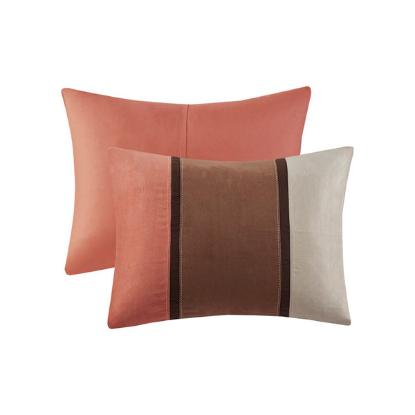 HomeRoots Set of Seven Coral & Brown Striped King Comforter Set - Soft Polyester, Plush Fill, Mid-Century Style 679879