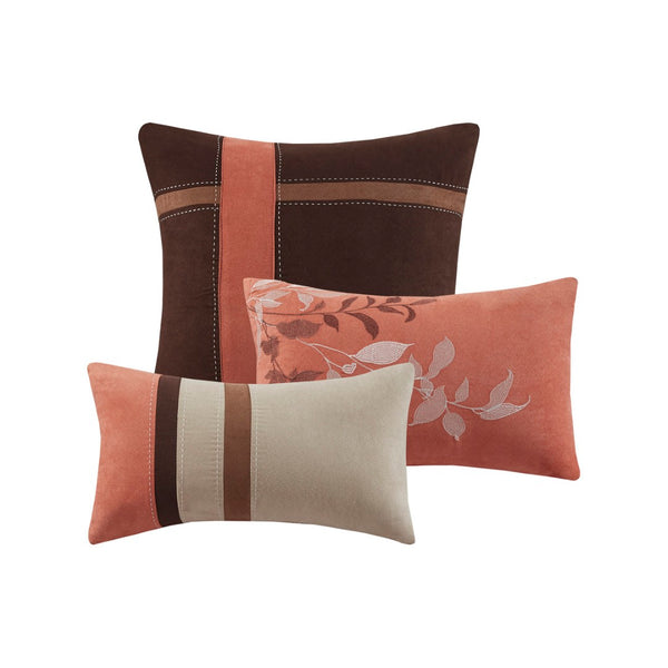HomeRoots Set of Seven Coral & Brown Striped King Comforter Set - Soft Polyester, Plush Fill, Mid-Century Style 679879