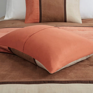 HomeRoots Set of Seven Coral & Brown Striped King Comforter Set - Soft Polyester, Plush Fill, Mid-Century Style 679879