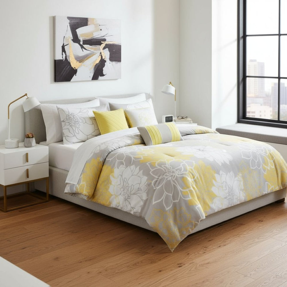 HomeRoots Set of Seven Gray and Yellow Floral Queen Bedding Ensemble with Ring Stitch Design for Modern Comfort 679880